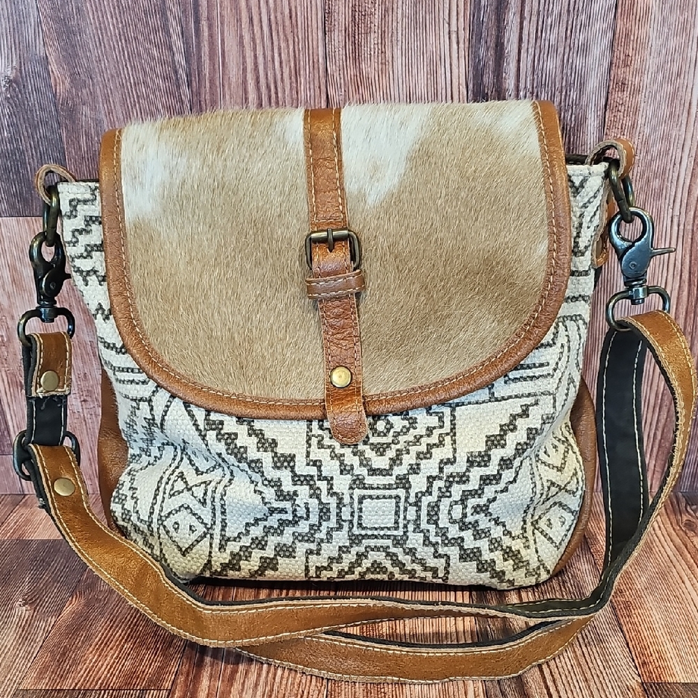 MYRA Boho Cowhide,  Leather & Woven Crossbody Bag - Tan